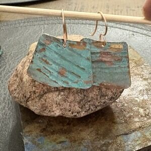 Brass Geometric Earrings Handmade Blue Verdigris Patina Rustic Jewelry